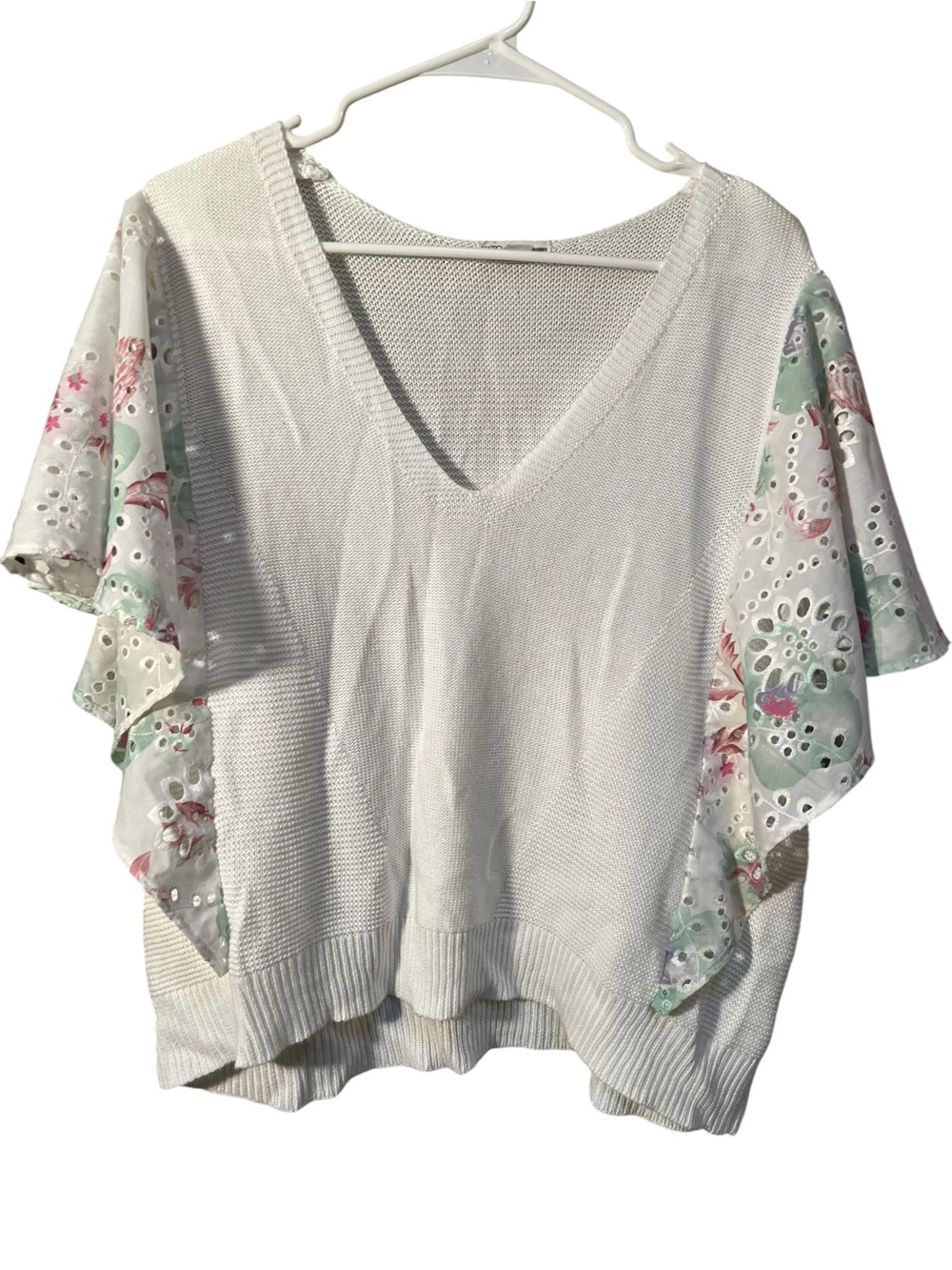 Cato Women’s Plus Sz 22/24 Sweater V-Neck Short Flutter Sleeve White Pink Eyelet